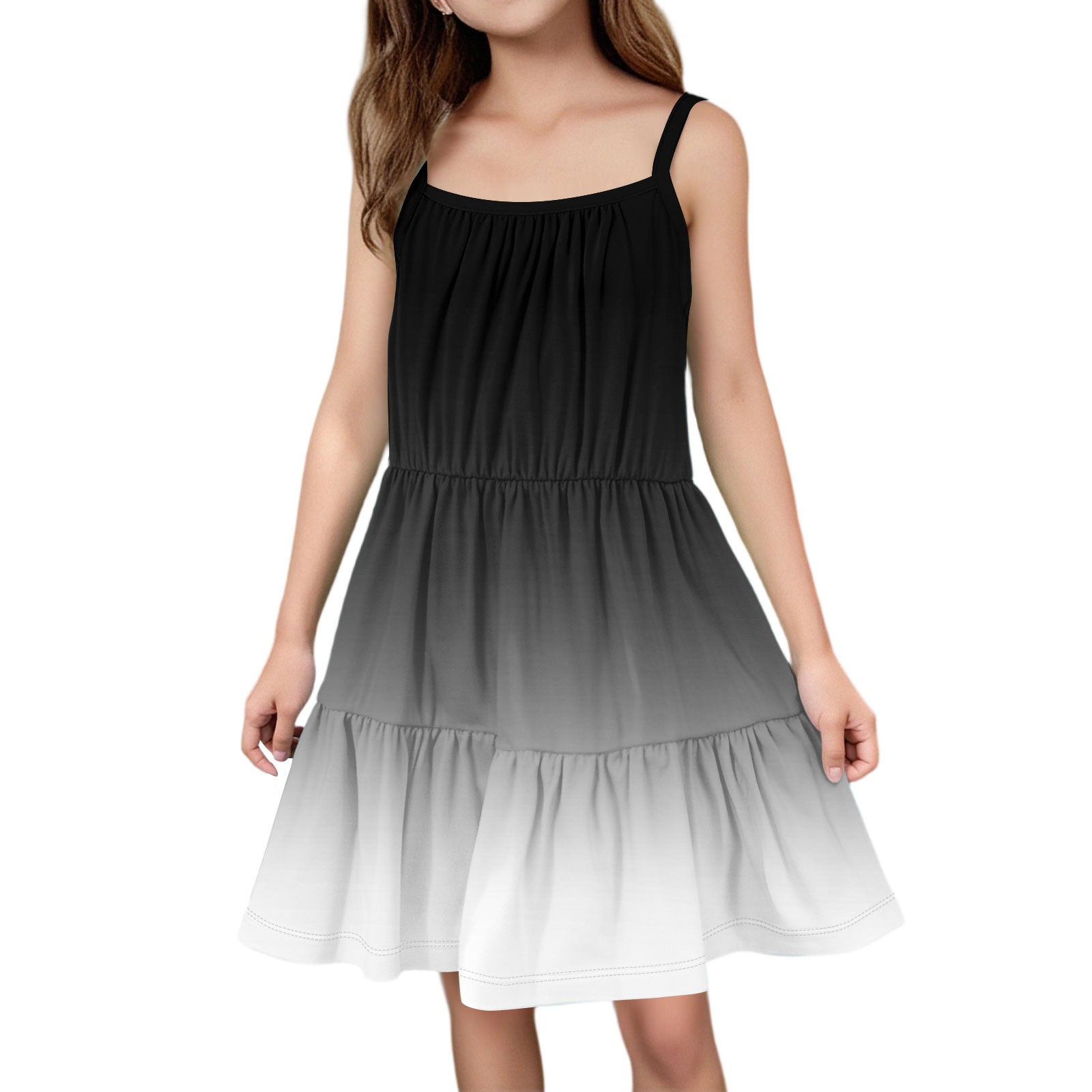 Girls Beach Dress Casual Spaghetti Strap Sleeveless Cami Dress Tie Dye A-Line Sundresses Tiered Holiday Dresses for 6-14 Years,Black
